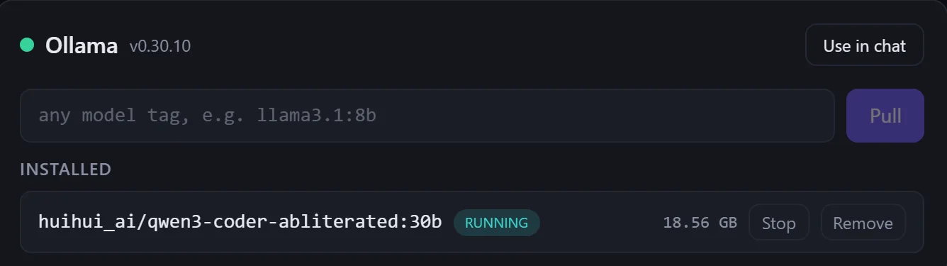 Local model hosting view: machine RAM and GPU readout with Ollama runtime running a 30B model