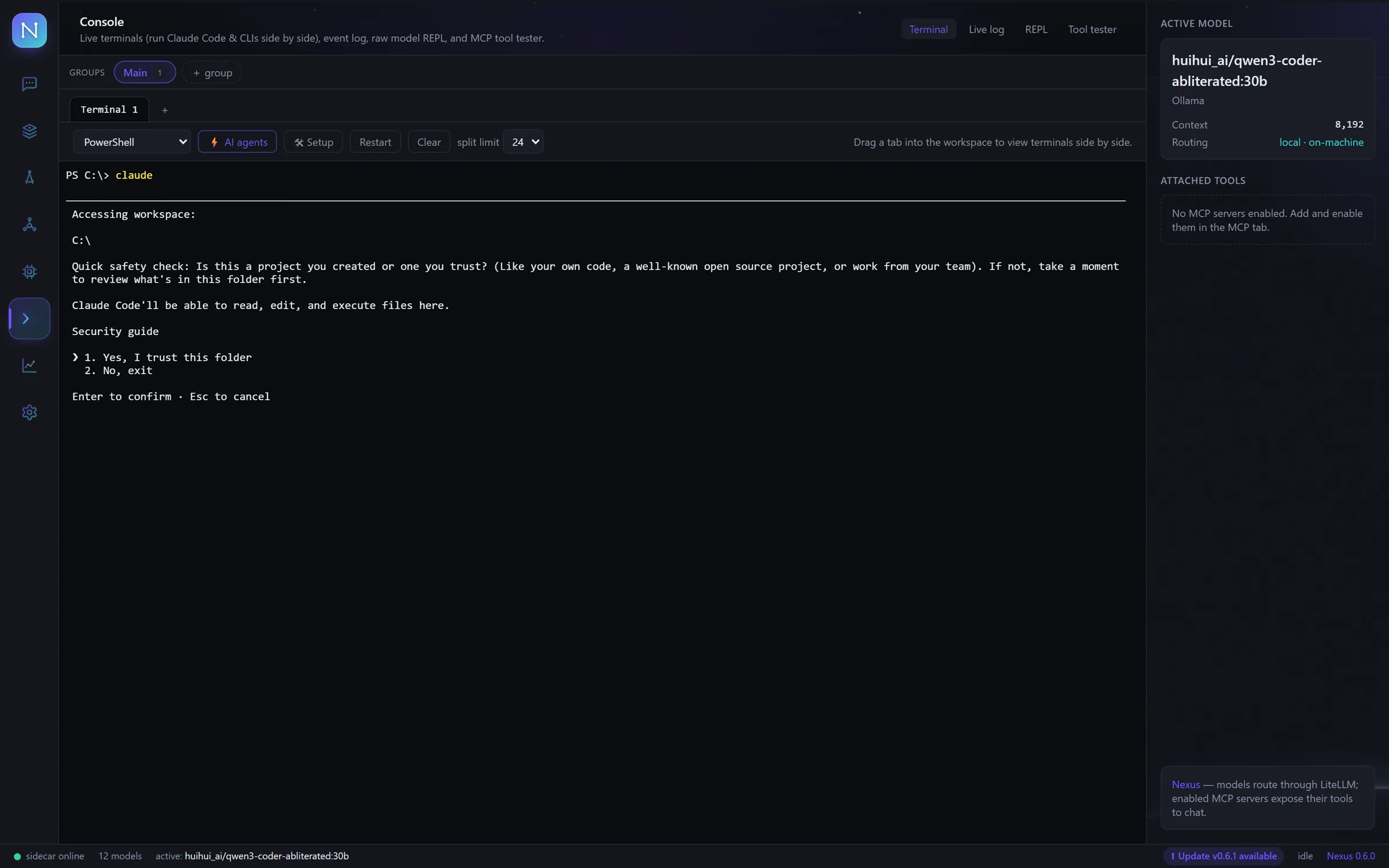 Console: embedded terminal running Claude Code